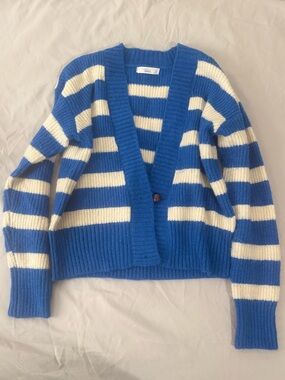 Striped Blue and Cream V-Neck Button Cardigan